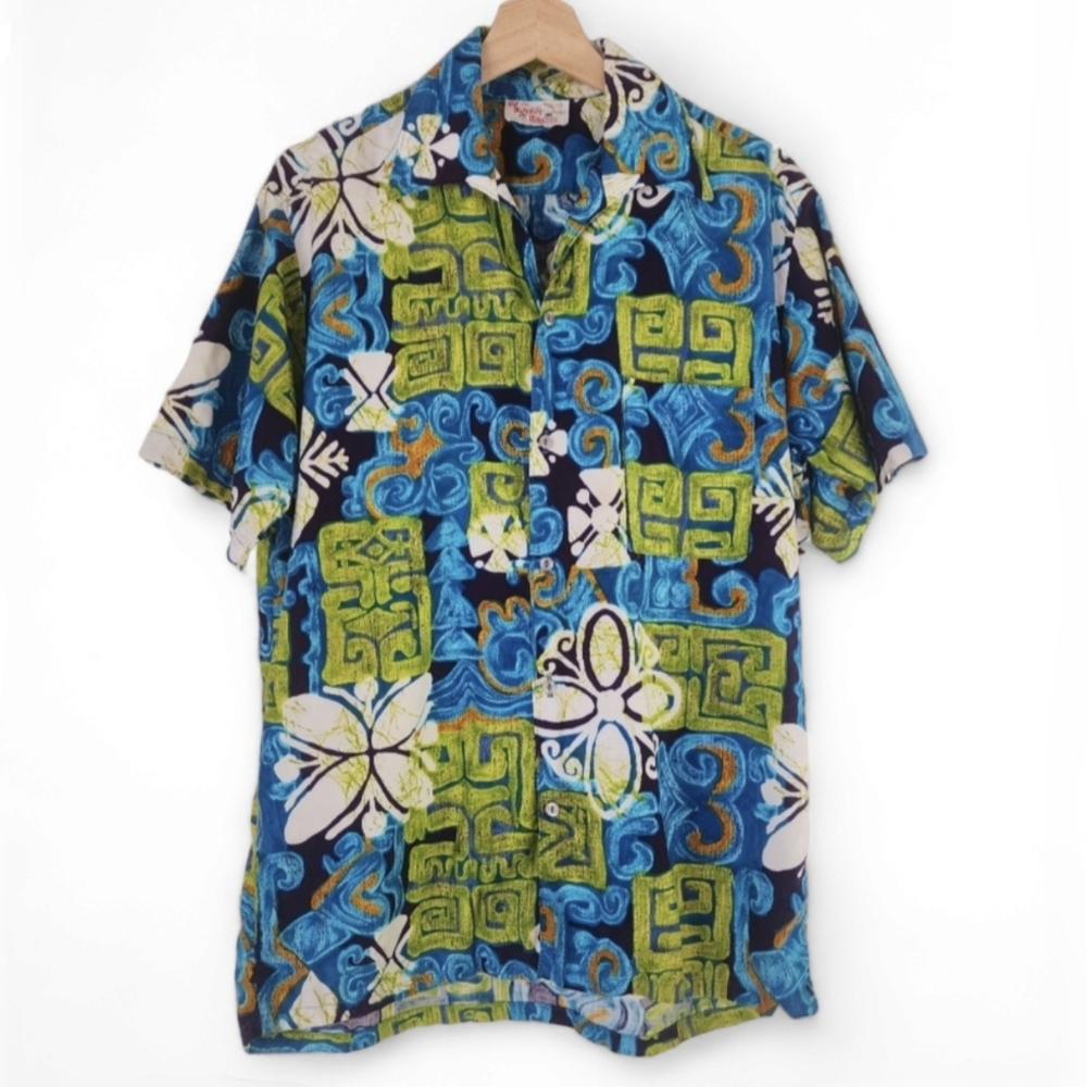 Vintage Hawaiian Shirt Blue Green Orange Men's Size Medium